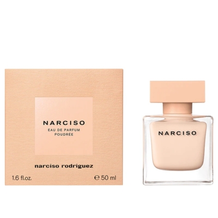 Un flacon carré de Narciso Rodriguez POUDRÉE Eau de Parfum pour Femme 30 ml, couleur pêche douce, est présenté à côté de sa boîte assortie, tous deux affichant élégamment le nom de la marque et les détails du parfum. Dakar