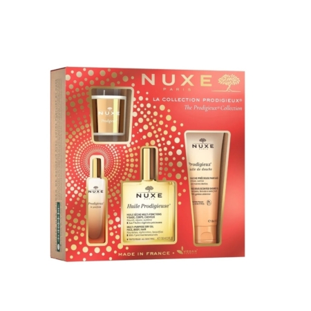 Le coffret cadeau Nuxe Coffret 2024 Collection Prodigieux comprend l'Huile Prodigieuse 100ml, Bougie Prodigieux 60g, Prodigieux Le Parfum 15ml, et l'Huile de Douche 100ml de la gamme Prodigieux. Fabriqué en France. Dakar