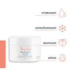 Un flacon blanc d'Avène Hydrance Aqua-Gel est positionné sur un fond blanc avec un texte répertoriant les bienfaits : hydratant, rafraîchissant, matifiant, détoxifiant. De petites icônes accompagnent chaque bienfait. Le flacon fait 50 ml (1,6 fl oz). Dakar
