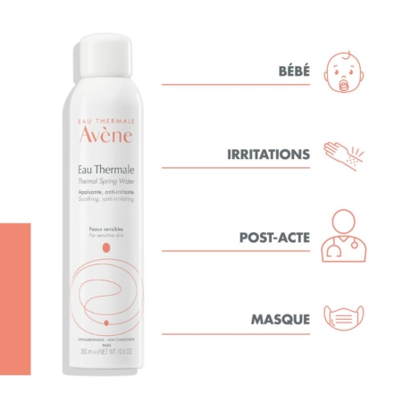 Une bouteille d'Eau Thermale Avène est présentée. À droite, des icônes et du texte suggèrent des utilisations pour les bébés, pour soulager les irritations, après le traitement et avec des masques. Le fond est blanc avec une légère touche orange. Dakar