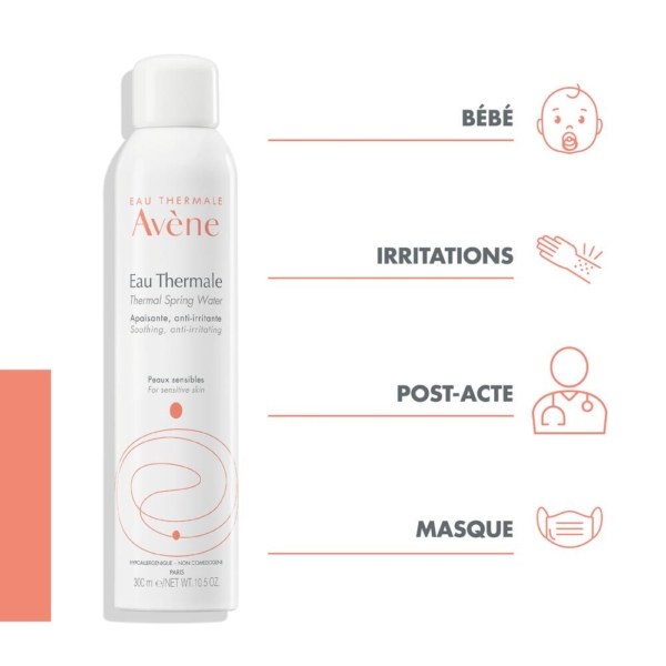 Une bouteille d'Eau Thermale Avène est présentée. À droite, des icônes et du texte suggèrent des utilisations pour les bébés, pour soulager les irritations, après le traitement et avec des masques. Le fond est blanc avec une légère touche orange. Dakar