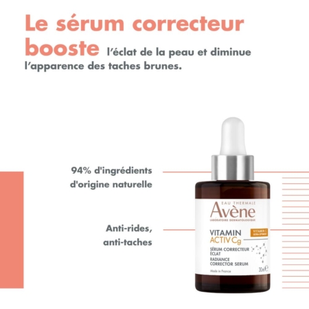 Flacon de sérum à la vitamine C d'Avène avec compte-gouttes à côté d'un texte soulignant ses bienfaits : booste l'éclat de la peau, réduit l'apparence des taches brunes et contient 94 % d'ingrédients naturels. Le texte en français souligne ses propriétés anti-rides et anti-taches. Dakar