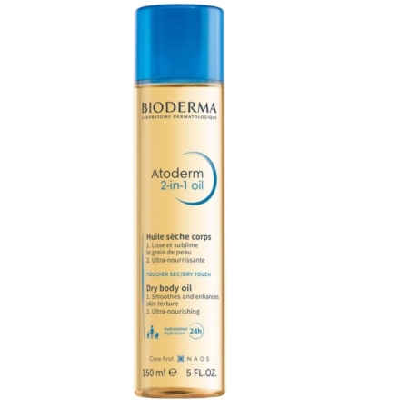 L'Huile Sèche Corps 2 en 1 BIODERMA Atoderm 150 ml au bouchon bleu est associée à l'Huile de Lin BIO Waam, toutes deux destinées au soin sec du corps. Le produit Bioderma offre des effets lissants, ultra-nourrissants et une hydratation 24h, idéal pour un rajeunissement intense de la peau. Dakar