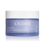 Le pot de 50 ml de Caudalie Vinoperfect Crème Nuit Glycolique Anti-taches présente un corps violet clair, un couvercle blanc et affiche les détails du produit en français et en anglais. Dakar