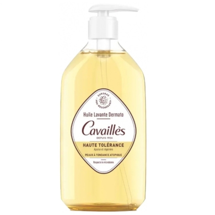 Flacon transparent de 500 mL de CAVAILLES Huile Lavante Dermato Haute Tolérance avec pompe doseuse, conçu pour les peaux sensibles et sèches, privilégiant la haute tolérance et l'usage dermatologique. Dakar