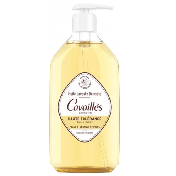 Flacon transparent de 500 mL de CAVAILLES Huile Lavante Dermato Haute Tolérance avec pompe doseuse, conçu pour les peaux sensibles et sèches, privilégiant la haute tolérance et l'usage dermatologique. Dakar