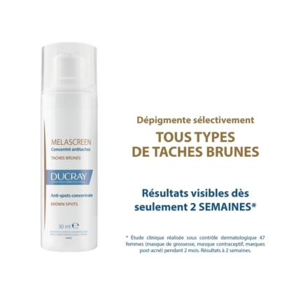 Image d'un flacon de produit concentré anti-taches Melascreen de Ducray. Le texte met en avant sa dépigmentation sélective pour tous les types de taches brunes avec des résultats visibles en seulement deux semaines. Il fait état d'une étude clinique portant sur 47 femmes. Dakar