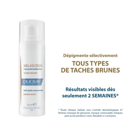 Image d'un flacon de produit concentré anti-taches Melascreen de Ducray. Le texte met en avant sa dépigmentation sélective pour tous les types de taches brunes avec des résultats visibles en seulement deux semaines. Il fait état d'une étude clinique portant sur 47 femmes. Dakar