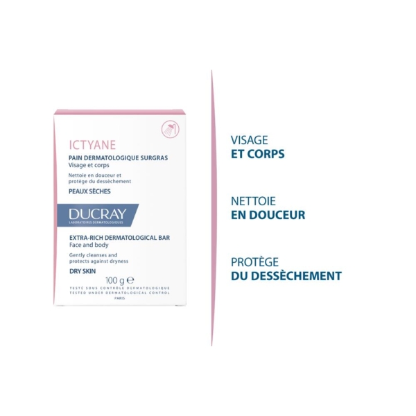 L'image montre l'emballage du pain dermatologique Ducray Ictyane pour le visage et le corps, mettant en avant ses caractéristiques : nettoyage en douceur et protection contre la sécheresse. Le texte est en français, précisant qu'il est destiné aux peaux sèches et pèse 100 g. Dakar