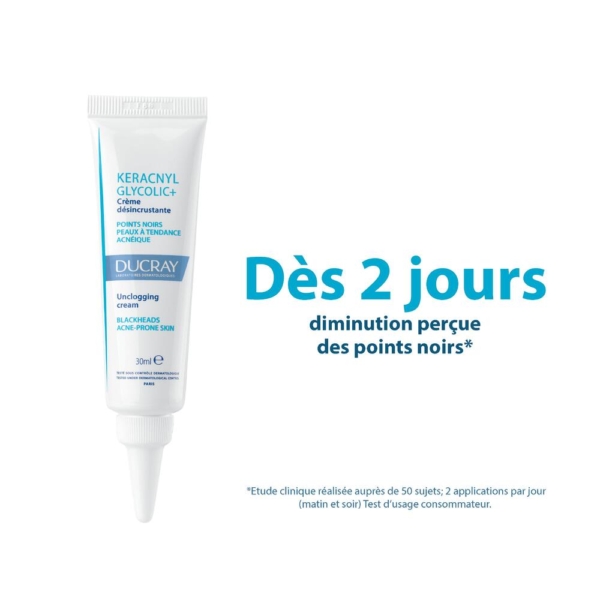 Tube de crème Ducray Keracnyl Glycolic+ sur fond blanc. Le texte indique : « Dès 2 jours diminution perçue des points noirs », ce qui indique une diminution des points noirs après utilisation. Le tube contient 30 ml de produit. Dakar