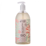 Flacon pompe transparent de MKL Gel douche certifié BIO - Fleur de coton aux motifs floraux roses et verts. Adapté au visage, au corps et aux cheveux, il dégage un parfum de fleur de coton. Dakar
