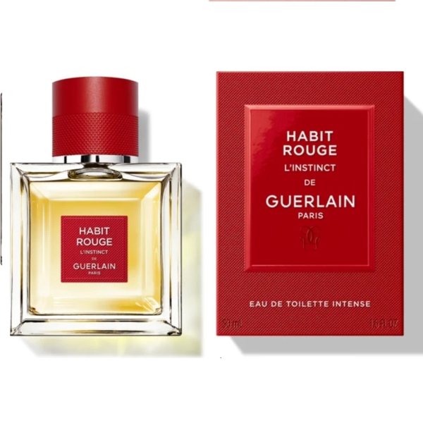 Un flacon transparent de GUERLAIN Habit Rouge L'Instinct Intense Eau de Toilette pour homme 50 ml avec un bouchon rouge saisissant se trouve à côté de sa boîte rouge assortie, affichant élégamment le nom et la marque du parfum en lettres blanches et dorées immaculées. Dakar