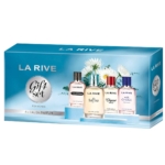 Boîte bleue de La Rive Coffret Minis Best Seller Eau de Parfum 4x30ml pour femmes, comprenant les senteurs Charismo, Salfira, Elegant, et Her Choice ; l'emballage montre des fleurs blanches en arrière-plan. Dakar