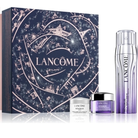 Le coffret cadeau pour femme Lancôme Rénergie H.C.F. Triple Serum est composé d'une grande boîte bleu foncé avec des illustrations roses en forme de carte et comprend deux petits pots « Rénergie » et un grand flacon « Lancôme » à l'avant. Dakar