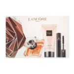 Le coffret cadeau Lancôme Trésor pour femme inclut le parfum Trésor, un lait pour le corps assorti et un mascara noir, présentés devant une boîte blanche ornée d'une rose géométrique et du logo Lancôme Paris. Dakar