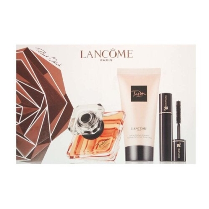 Le coffret cadeau Lancôme Trésor pour femme inclut le parfum Trésor, un lait pour le corps assorti et un mascara noir, présentés devant une boîte blanche ornée d'une rose géométrique et du logo Lancôme Paris. Dakar