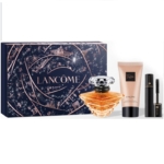Le coffret cadeau pour femme Trésor de Lancôme comprend un flacon de parfum Trésor, un tube de lotion Trésor et un mascara noir, élégamment présentés devant une boîte décorative noire et dorée avec le logo emblématique de Lancôme. Dakar