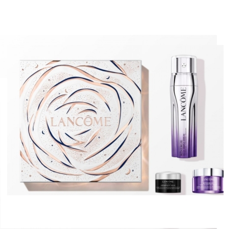Le Coffret RÉNERGIE Pour Femme de Lancôme comprend un coffret décoratif blanc et or aux motifs de roses, comprenant un grand flacon dégradé argent et violet ainsi que deux petits pots noirs avec couvercles. Dakar