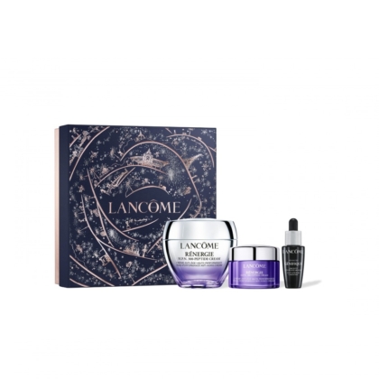 Présentation du Coffret Crème H.P.N. 300-Peptide Edition Limitée de Lancome RÉNERGIE, comprenant un pot argenté de crème Rénergie Lift Multi-Action, un pot de crème de nuit violet et un élégant flacon noir de sérum Génifique dans une boîte décorative bleu marine et or pour votre plaisir de soins de la peau. Dakar