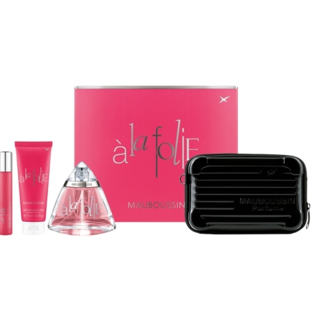 Le coffret cadeau Mauboussin Coffret À La Folie - 100 ml comprend un coffret rose étiqueté « à la folie », comprenant un flacon de parfum triangulaire, un tube rouge, un flacon plus petit et un élégant étui de transport rectangulaire noir. Dakar