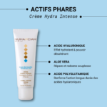 Un tube de Nuhanciam Crème HYDRA INTENSE Hydratation Parfaite 8 heures 50 ml sur fond bleu met en valeur ses ingrédients clés : l'acide hyaluronique, l'aloe vera et l'acide polyglutamique, connus pour leurs effets hydratants, adoucissants et longue durée. Dakar