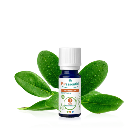 Un flacon de 10 ml d'Huile Essentielle Ravintsara BIO de Puressentiel est posé devant des feuilles vertes. Son bouchon blanc et son étiquette décorée de cercles mettent en valeur son essence biologique, évoquant la pureté que l'on retrouve également dans les produits Puressentiel Spray Cryo. Dakar