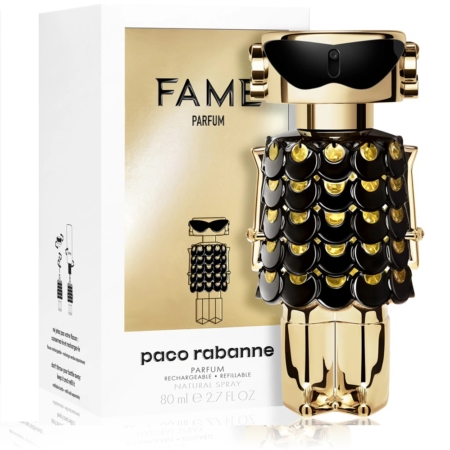 Le parfum rechargeable pour femme Fame de Paco Rabanne (80 ml) arbore un design inspiré des robots avec des écailles dorées et noires à côté de son boîtier blanc. Doté d'une finition métallique brillante, il incarne l'innovation et le style futuristes. Dakar
