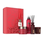 Le coffret cadeau rouge opulent, inspiré de Rituals - Le Rituel de l'Ayurveda - Grand Set 2024, est présenté dans un élégant coffret floral et comprend un pot, un vaporisateur, un flacon diffuseur avec des roseaux et un petit récipient. Chaque article présente des teintes rouges profondes ornées d'accents dorés. Dakar