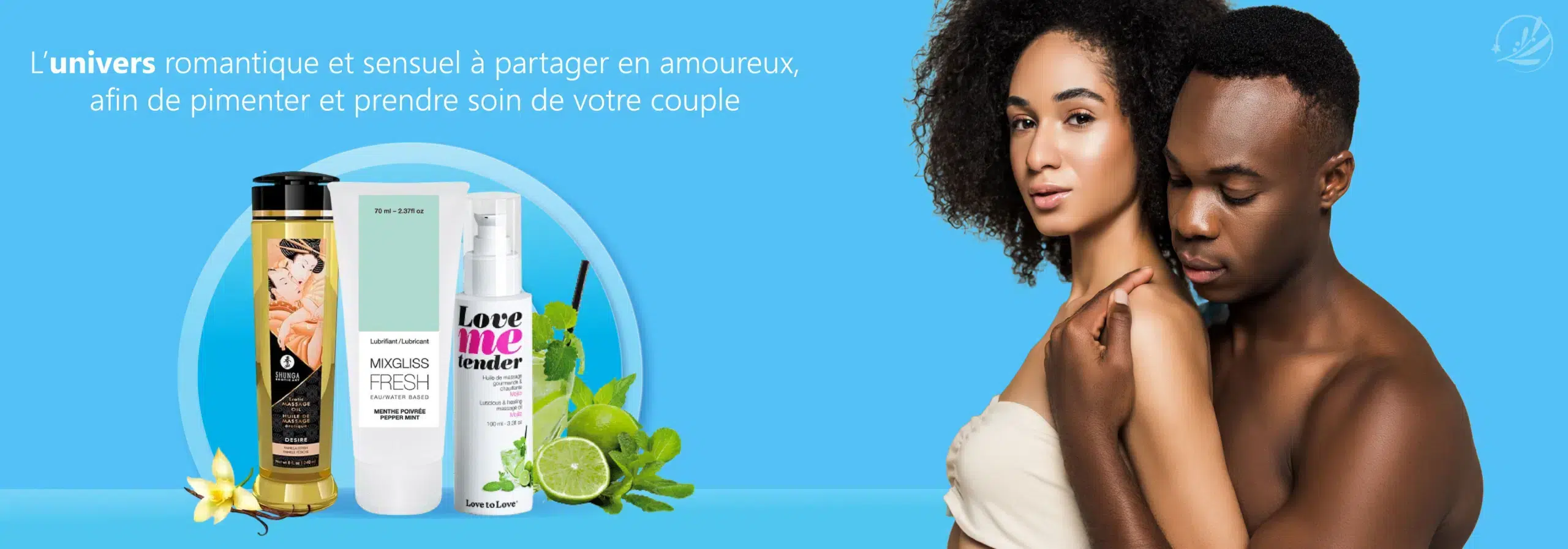 Un couple enlacé sur fond bleu dégage une ambiance romantique. À gauche, des produits de soin sont exposés : un gel douche, une lotion et un flacon étiqueté « Love Me Tender », entouré de fleurs de vanille et de citron vert. Le texte en français parle de romance et de soins. Dakar