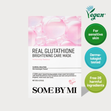 Le paquet Some By Mi Galactomyces Glutathione Glow Masque Sérum Tissu Éclat Peaux Sensibles est présenté avec des graphiques à bulles roses, mettant en valeur sa formule végétalienne pour les peaux sensibles, testée dermatologiquement et exempte de 26 ingrédients nocifs. Dakar