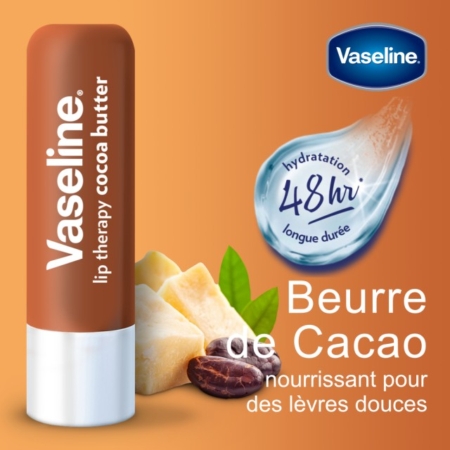 Image du Vaseline Stick à lèvres Cocoa Butter 4,8 gr avec graphiques et texte, « hydratation longue durée 48 hr » et « Beurre de Cacao nourrissant pour des lèvres douces », sur un fond dégradé orange. Dakar