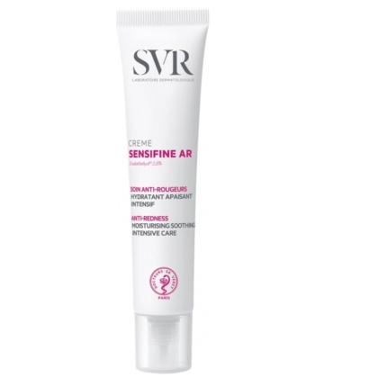 La Crème Soin Anti-Rougeurs Hydratant Apaisant Intensif SVR Sensifine AR 40 ml, dans un tube blanc au lettrage rouge audacieux, offre un soin anti-rougeurs et hydratant. Similaire à l'ANTI-ROUGEURS FORT d'Avène, elle promet un soulagement doux et une hydratation intense pour les peaux sensibles. Dakar