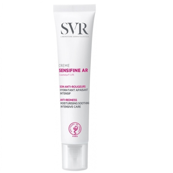 La Crème Soin Anti-Rougeurs Hydratant Apaisant Intensif SVR Sensifine AR 40 ml, dans un tube blanc au lettrage rouge audacieux, offre un soin anti-rougeurs et hydratant. Similaire à l'ANTI-ROUGEURS FORT d'Avène, elle promet un soulagement doux et une hydratation intense pour les peaux sensibles. Dakar