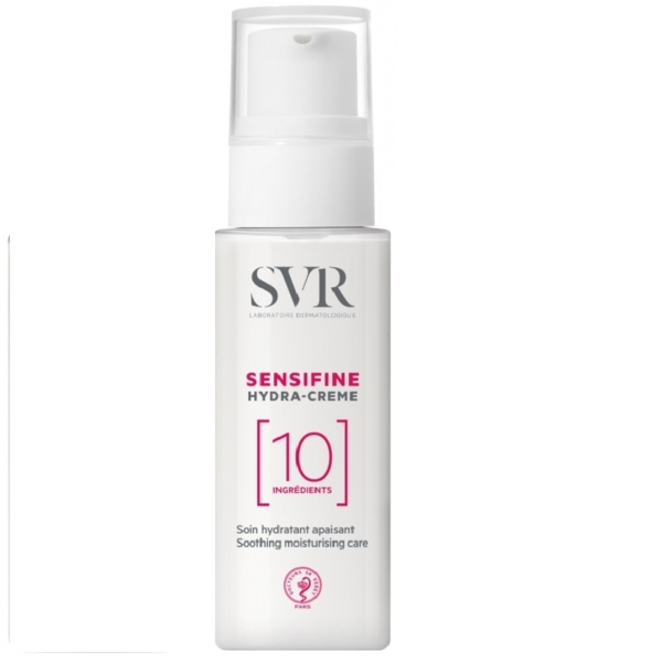 SVR Sensifine Hydra-Crème 40 ml, similaire à Avène HYDRANCE en toute simplicité, présente un design blanc élégant et est étiqueté « 10 ingrédients », offrant un soin hydratant apaisant pour les peaux sensibles. Dakar