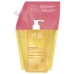 L'emballage souple et transparent jaune et rouge de la pochette SVR Topialyse Huile Lavante Éco-Recharge 1L s'inscrit dans la démarche ECO-friendly d'A Derma Exomega Control, mettant en avant la réduction du plastique et la conception durable. Dakar