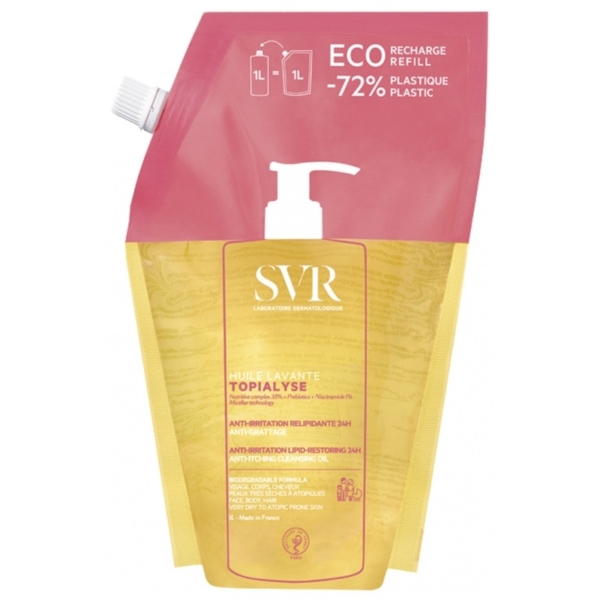 L'emballage souple et transparent jaune et rouge de la pochette SVR Topialyse Huile Lavante Éco-Recharge 1L s'inscrit dans la démarche ECO-friendly d'A Derma Exomega Control, mettant en avant la réduction du plastique et la conception durable. Dakar
