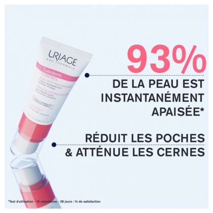 Le tube URIAGE Toléderm Control Soin Yeux Frais Apaisant 15 ml blanc aux accents roses et bleus affirme en français : « 93% de la peau est instantanément apaisée. Réduit les poches et atténue les cernes », selon les résultats des tests de satisfaction. Dakar