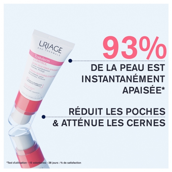 Le tube URIAGE Toléderm Control Soin Yeux Frais Apaisant 15 ml blanc aux accents roses et bleus affirme en français : « 93% de la peau est instantanément apaisée. Réduit les poches et atténue les cernes », selon les résultats des tests de satisfaction. Dakar