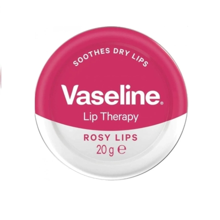 Flacon rond de VASILINE Lip Therapy - Baume Hydratant pour Lèvres en Lèvres Rosées. Le couvercle rose et blanc porte l'inscription « Apaise les lèvres sèches » et « 20 g e. Dakar