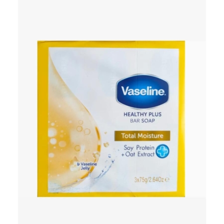 La Barre de Savon Vaseline Healthy Plus Total Moisture - Lot de 3 x 75g est présentée dans une boîte jaune et blanche contenant des protéines de soja, de l'extrait d'avoine, de la « gelée Vaseline 6x » et ornée de graphismes à bulles et d'une goutte d'hydratation. Dakar