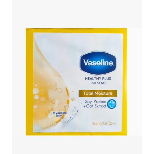 La Barre de Savon Vaseline Healthy Plus Total Moisture - Lot de 3 x 75g est présentée dans une boîte jaune et blanche contenant des protéines de soja, de l'extrait d'avoine, de la « gelée Vaseline 6x » et ornée de graphismes à bulles et d'une goutte d'hydratation. Dakar