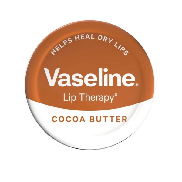 Une boîte ronde étiquetée « VASILINE Lip Therapy - Baume Hydratant pour Lèvres - Beurre de Cacao 20g » présente un design orange et blanc avec le texte suivant : « Aide à guérir les lèvres sèches. Dakar