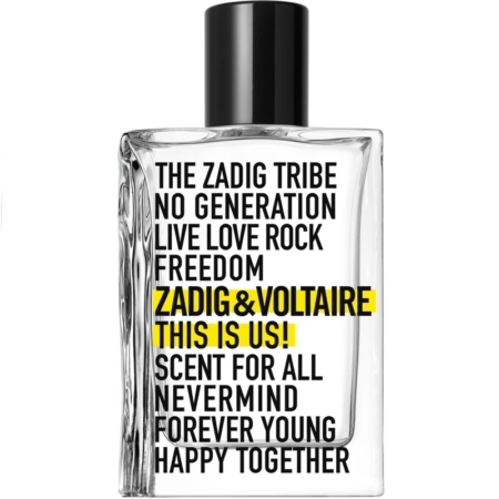 L'eau de toilette THIS IS US! de Zadick & Voltaire est dotée d'un flacon en verre transparent avec un texte noir comme « THE ZADIG TRIBE » et « FOREVER YOUNG », mis en valeur par un jaune vif mettant en valeur « ZADIG & VOLTAIRE » et « THIS IS US! » avec un élégant capuchon noir, faisant écho au style de Calvin Klein CK Be. Dakar