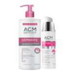 Le coffret Acm Depiwhite Programme Intensif Anti Taches comprend un lait corporel de 500 ml avec une pompe rose et un sérum de 30 ml avec une pompe blanche, tous deux formulés pour hydrater et éclaircir la peau. Dakar