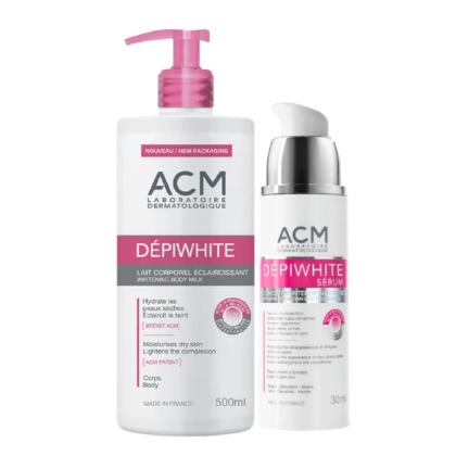 Le coffret Acm Depiwhite Programme Intensif Anti Taches comprend un lait corporel de 500 ml avec une pompe rose et un sérum de 30 ml avec une pompe blanche, tous deux formulés pour hydrater et éclaircir la peau. Dakar