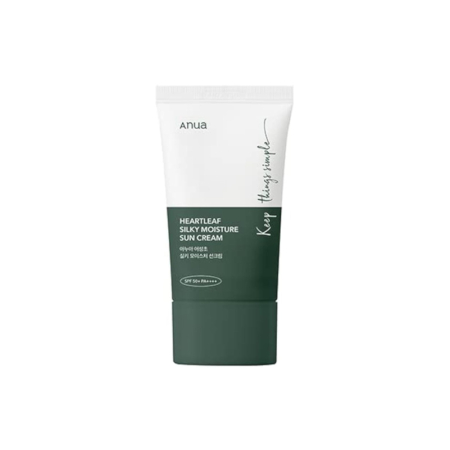 Un tube d'Anua Crème Solaire Spf50 Hydratante ET Soyeuse Heartleaf 50 ml avec un couvercle blanc et un fond vert foncé, étiqueté en anglais et en coréen, avec SPF 50+ PA++++ clairement sur le devant. Dakar