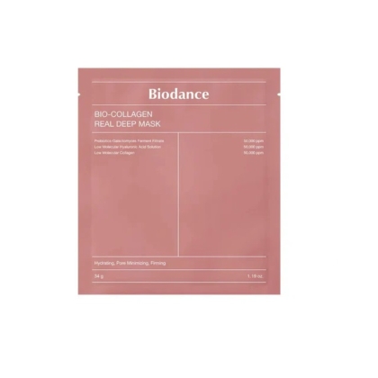 Le masque Bio Collagène Masque Profond Anti Age 1 Pièce de Biodance est présenté dans un emballage rose et comprend du filtrat de ferment de probiotiques Galactomyces, de la propolis à faible poids moléculaire et du collagène à faible poids moléculaire. Ce masque de 34 g est hydratant, minimise les pores et raffermit. Dakar