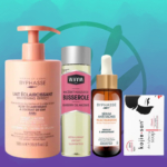 Une gamme de trésors de soins de la peau se dresse devant un logo stylisé : la lotion blanchissante, WAW B, le savon Kojie-San et le kit de soin Éclat Anti Tache de Byphasse occupent le devant de la scène. Le sérum à la niacinamide avec compte-gouttes apporte la touche finale, le tout sur fond bleu clair serein. Dakar