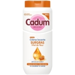 Un flacon de 500ml de Cadum Crème Lavante Surgras Miel de Fleurs, avec un design blanc et orange avec des images de miel. L'étiquette met en avant le confort 24H pour les peaux sèches, et la formule est sans savon ni colorant. Dakar