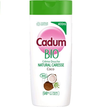 La Crème Douche Cadum Natural Caresse certifiée BIO Coco est un flacon de 400 ml au corps blanc, au bouchon vert, au logo rose et à l'image de la noix de coco. Elle offre une expérience nettoyante douce avec un parfum de noix de coco rappelant Dove, composé à 98% d'ingrédients d'origine naturelle. Dakar